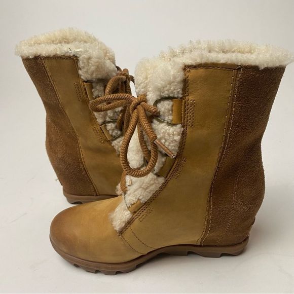 Sorel Joan of Arctic Mid Lace Up Wedge Elk Camel Brown Leather Shearling Lux 7.5 - Picture 2 of 6